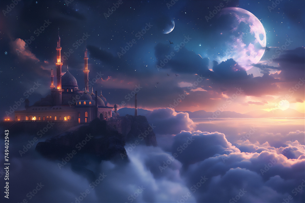 Mosque on the edge of rock cliff with sea of clouds at night with moon