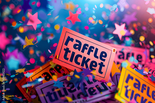 A raffle ticket background. Colorful tickets are isolated on a confetti background with the text 