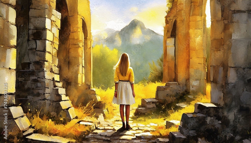 Fototapeta premium woman standing on the top of the castle