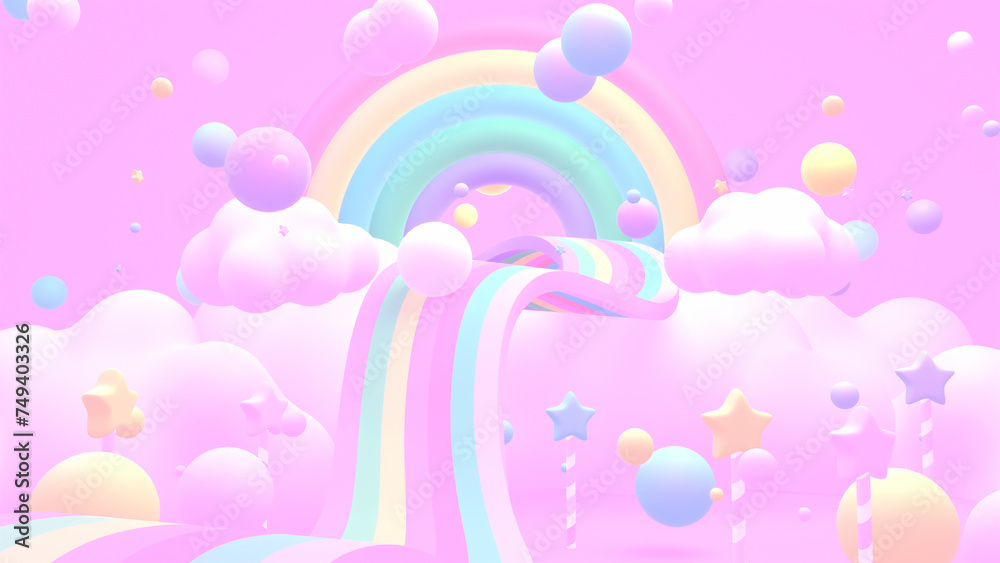 3d rendered cartoon rainbow land with flying balls.