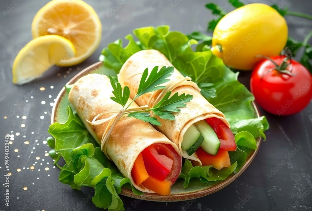 A plate with a wrap with vegetables and lemon, mexican food stock photo A plate with a wrap with vegetables and lemon, mexican food stock photo