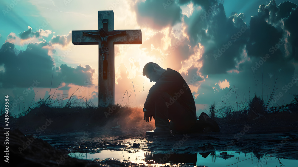 Christian man praying in front of the cross - obrazy, fototapety, plakaty 