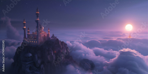 Mosque on the edge of rock cliff with sea of clouds at night with moon