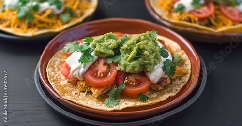 A plate of chicken tortillas topped with guacamole and tomatoes, authentic mexican cuisine image