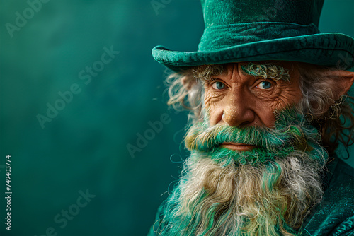 Portrait of an old man wearing a Leprechaun costume. Saint Patrick's Day celebration. Happy Holiday. Hat, green background. Shamrock. Copy space illustration. photo
