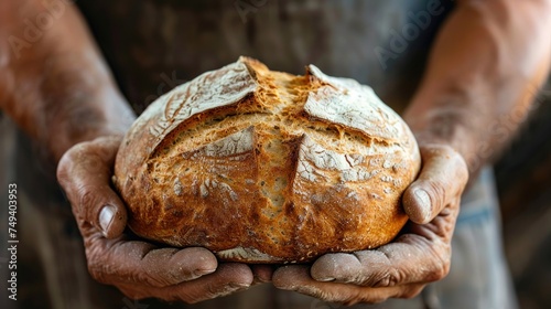 Hands of a volunteer holding a loaf of bread, helping the hungry.
