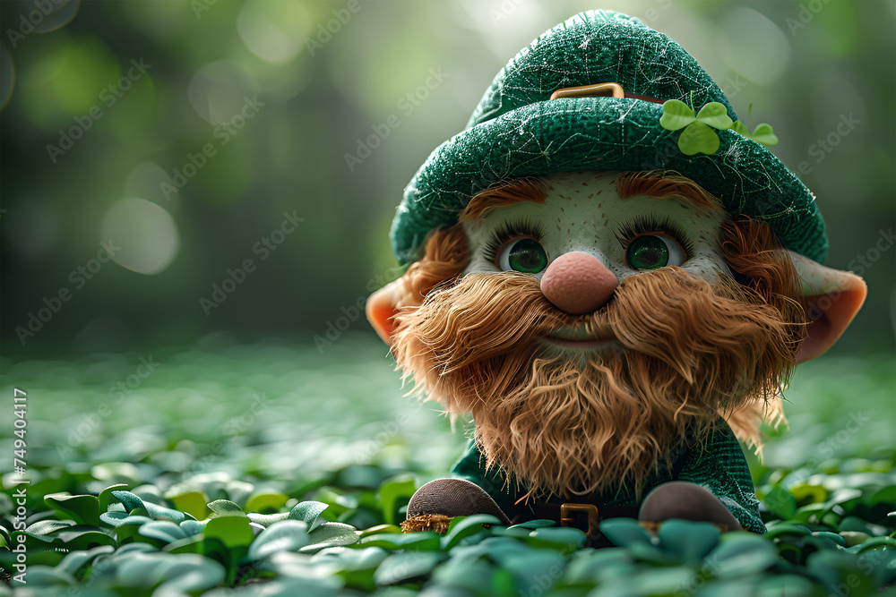 Saint Patrick's Day Celebration. An animated cartoon character wearing Leprechaun Green Shamrocks, St. Patrick's Day concept. 3d rendering. Happy holiday. - obrazy, fototapety, plakaty 