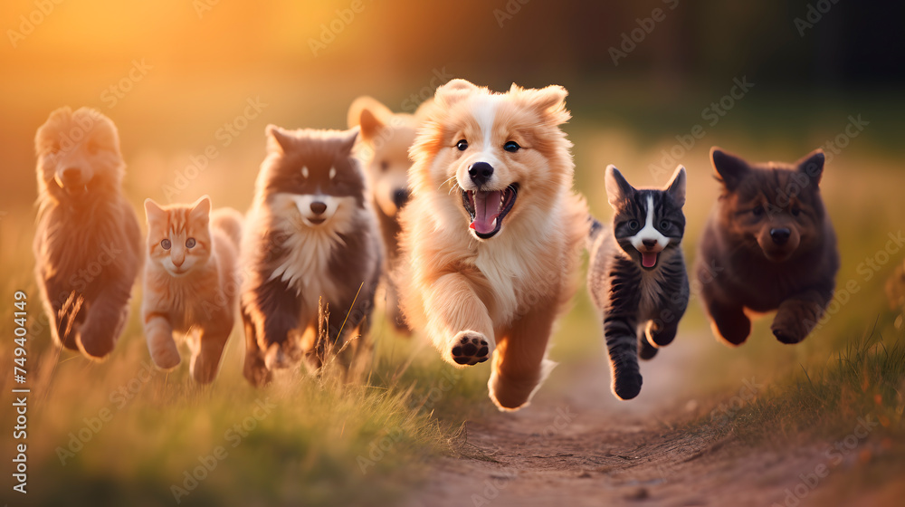 group of very cute dogs and cats walking together, group of cute animals walking towards the camera group of very cute dogs and cats walking together, group of cute animals walking towards the camera
