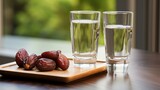 A glass of drinking water and date fruits - a food that is consumed before breaking fast during holy month of Ramadan