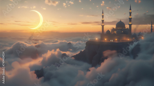Mosque on the edge of rock cliff in universe with clouds and moon at sunset in surrealism style illustration  #749404134