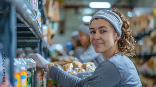 Volunteers pack and distribute food efficiently, donation center, helping disaster victims the poor and homeless.