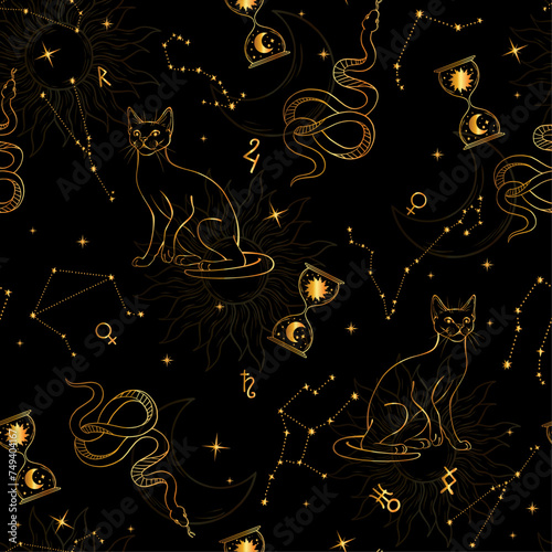Golden seamless pattern with stars, constellations, cats, snakes and runes. Horoscope. Zodiac signs, esotericism.