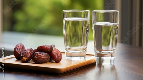 A glass of drinking water and date fruits - a food that is consumed before breaking fast during holy month of Ramadan photo