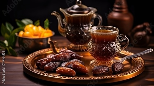 A set of Arabic tea cups with dates. Traditional Middle eastern hot beverage- black coffee served with sweet dates