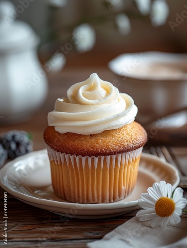A photo from a delicious cupcake with a little daisy flower, Cupcake with vanilla cream topping, Delicious cupcake on a rustic table