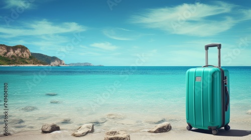 Colorful modern suitcase with wheels on beach  space for text - travel and tourism concept