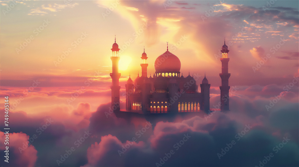 Mosque on the edge of rock cliff in universe with clouds at sunset in surrealism style illustration  - obrazy, fototapety, plakaty 