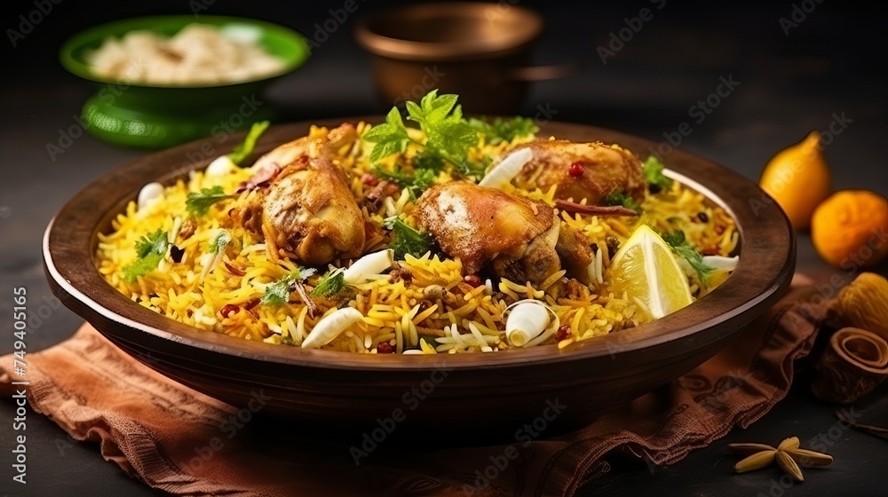 Chicken biryani Spicy Indian Malabar biryani Hyderabadi biryani, Dum Biriyani pulao golden bowl Kerala India Sri Lanka Pakistan basmati rice mixed rice dish with meat curry Ramadan Kareem, Eid Chicken biryani Spicy Indian Malabar biryani Hyderabadi biryani, Dum Biriyani pulao golden bowl Kerala India Sri Lanka Pakistan basmati rice mixed rice dish with meat curry Ramadan Kareem, Eid