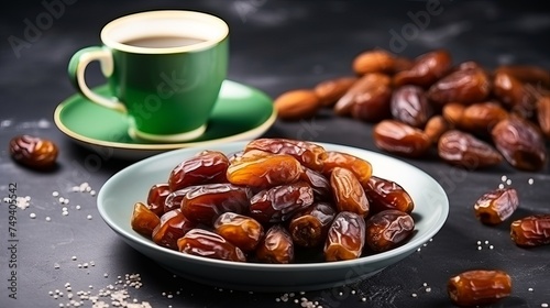 Cup of coffee and dry dates on saucer ready to eat for iftar time. Islamic religion and ramadan concept