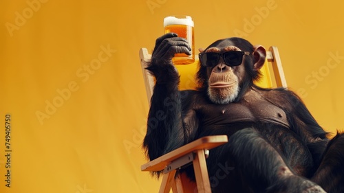 Chimpanzee holding beer mug an siting in a beach chair