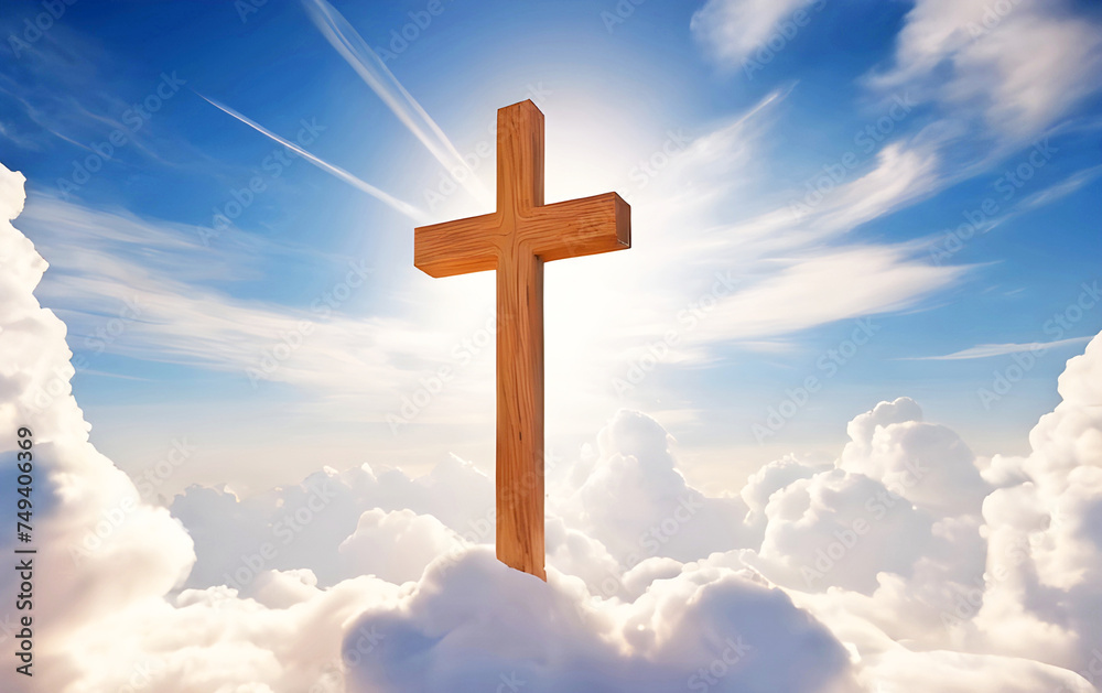 Christian Easter concept with a cross in the sky symbolizing faith in Jesus Christ salvation and eternal life.