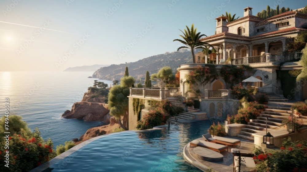 the beauty of a sprawling Mediterranean villa nestled in a picturesque setting, capturing the essence of luxury living