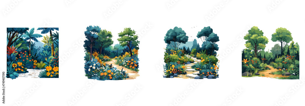 Garden landscape, nature scene, outdoor beauty clipart vector illustration set