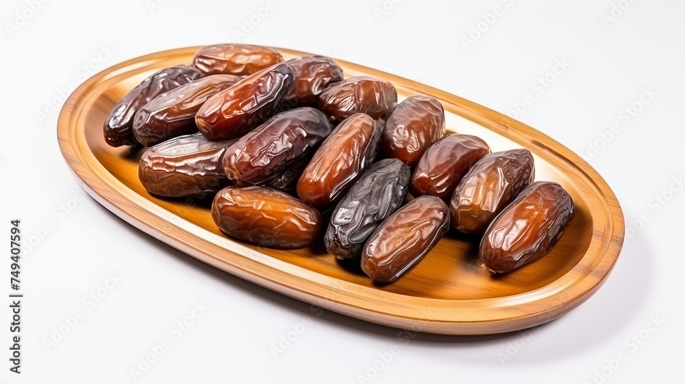 Palm dates on the bronze plate, white background Palm dates on the bronze plate, white background