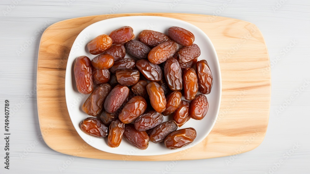 Plate of pitted dates on a white wooden background. Top view Plate of pitted dates on a white wooden background. Top view