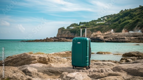 Vibrant modern suitcase with wheels on beach  travel and tourism concept  adventure and relaxation
