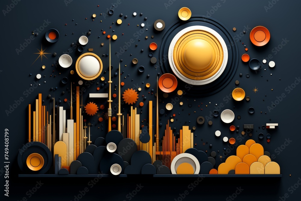 a futuristic 3d background with geometric shapes in shades with bubbles of blue, gold, white,orange, and pink