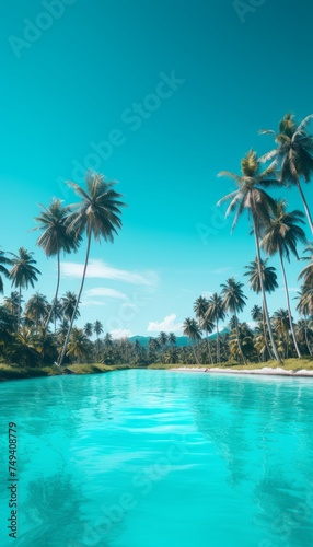 Tropical beach with palm trees and serene lagoon, perfect for vacation destinations