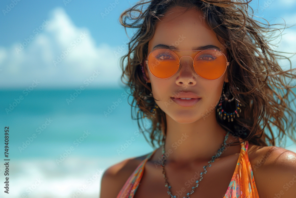 Woman and fashion style at tropical beach background. Generative ai.. Woman and fashion style at tropical beach background. Generative ai..