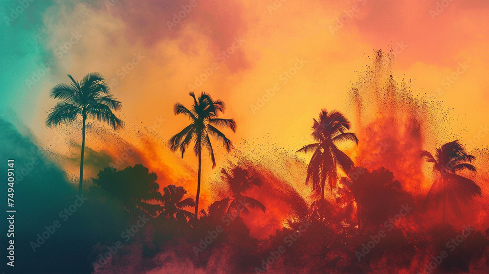 Tropical, sunset, palm trees, beach, vibrant colors, pink sky