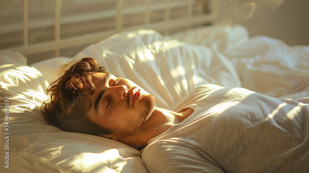 A man sleeping, resting peacefully in a comfortable on white bed, lying with closed eyes. with sunlight. A man sleeping, resting peacefully in a comfortable on white bed, lying with closed eyes. with sunlight.