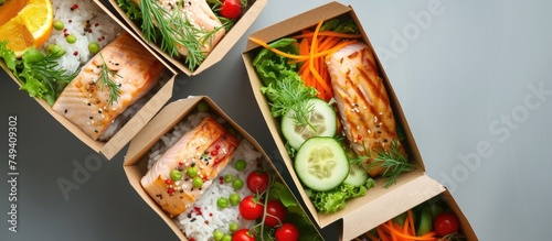 Four paper boxes containing nutritious meals consisting of salmon, rice, cucumbers, and carrots. The healthy take-out options are neatly arranged and viewed from above.