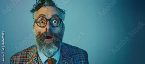 unique and original 45-year-old journalist with distinctive wooden glasses and a quirky beard in a modern suit. vibrant and diverse nature of journalism, individuality and creativity in professional