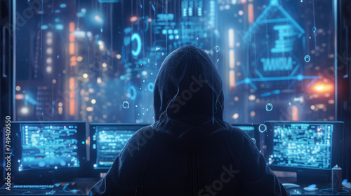 Into the Cyber Void: Hooded Figure Immersed in Digital Data