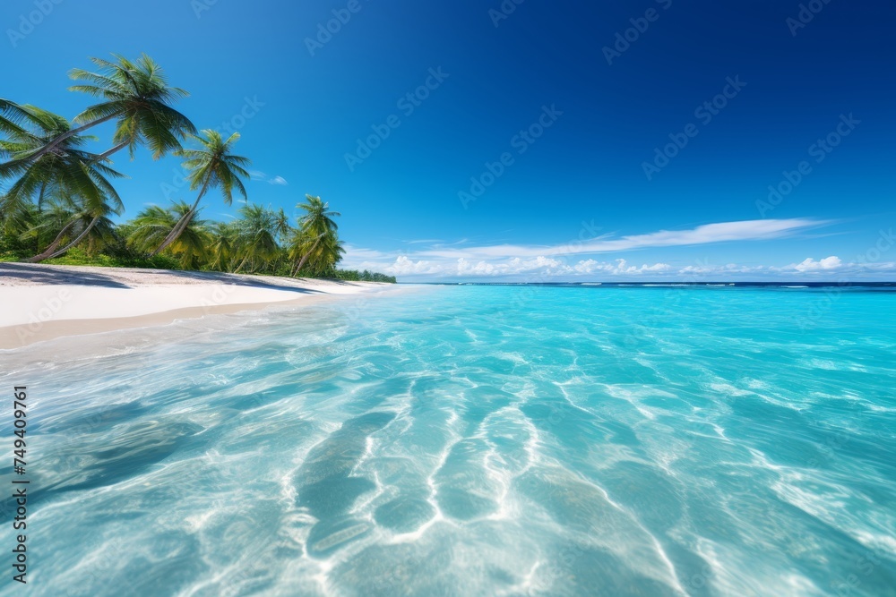 Tropical beach paradise with palm trees and serene lagoon, perfect relaxing vacation scene Tropical beach paradise with palm trees and serene lagoon, perfect relaxing vacation scene