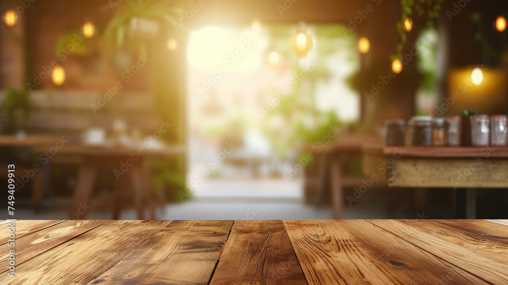 Fototapeta premium Brewed Bliss: Blurred Coffee Shop Atmosphere Beyond the Tabletop