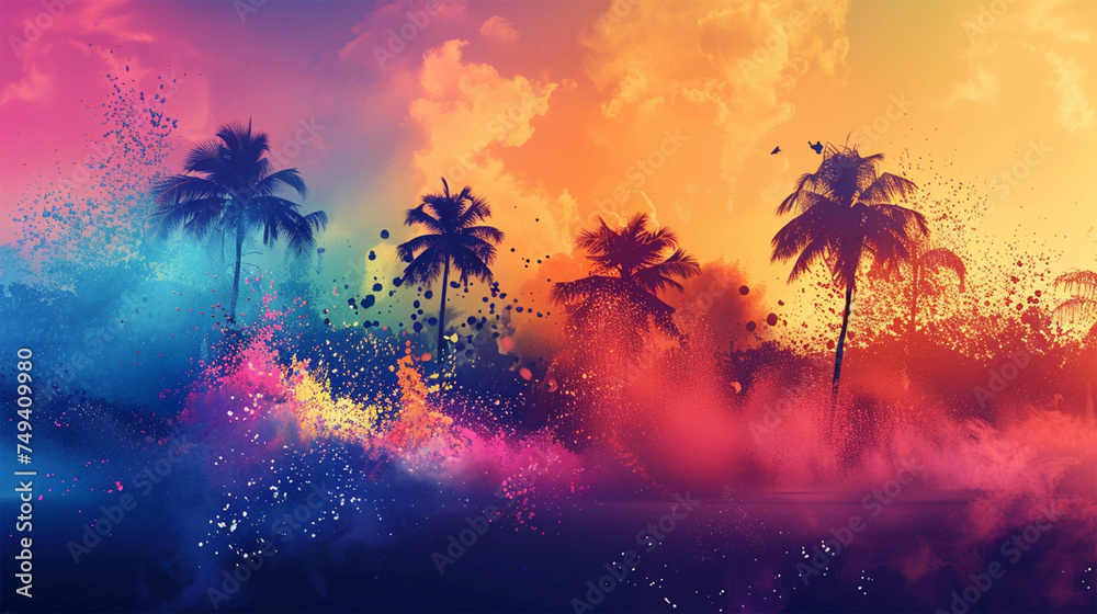 Tropical, sunset, palm trees, beach, vibrant colors, pink sky