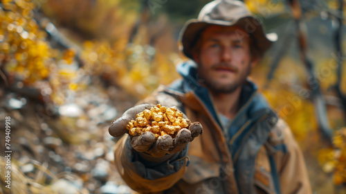 Raw gold in the hands of a miner or miner