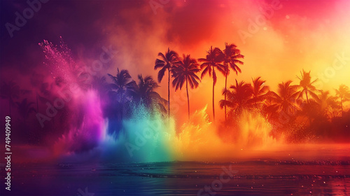 Tropical  sunset  palm trees  beach  vibrant colors  pink sky