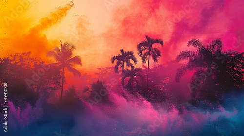 Tropical  sunset  palm trees  beach  vibrant colors  pink sky