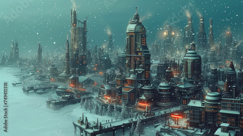Frosty Futurism: Massive Dieselpunk Snowy Cityscape in Digital Art