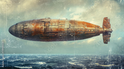 Skyborne Steampunk: Digital Painting of a Dieselpunk Zeppelin Over the Ocean