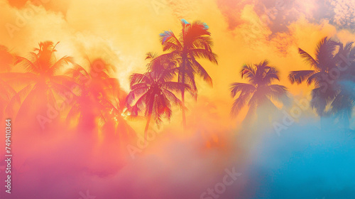 Tropical, sunset, palm trees, beach, vibrant colors, pink sky © Baechi Stock