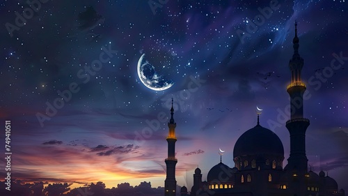 Ramadan Kareem background.Crescent moon at a top of a mosque, realistic, copy space - generative ai