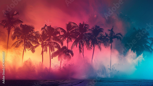 Tropical  sunset  palm trees  beach  vibrant colors  pink sky