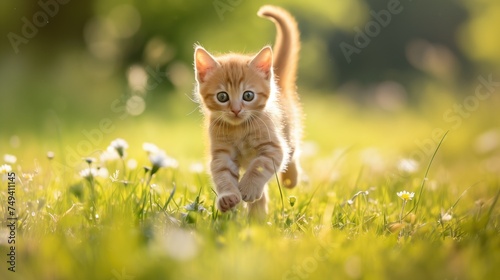 Cute little kitten jumping on green grass, Happy kitten playing in spring park, generative ai